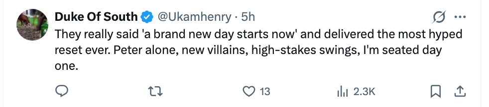 Tweet om en etterlengtet tilbakestilling, og nevner Peter, nye skurker og spenning med høy innsats