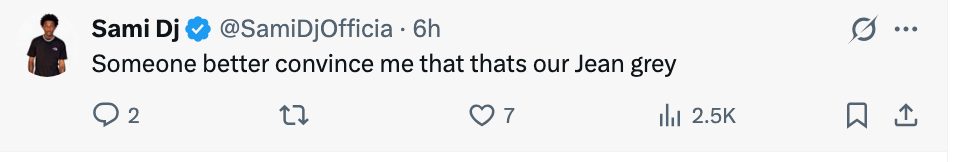 En tweet fra en verifisert konto som spør om noen er Jean Grey, med likes, kommentarer og retweets