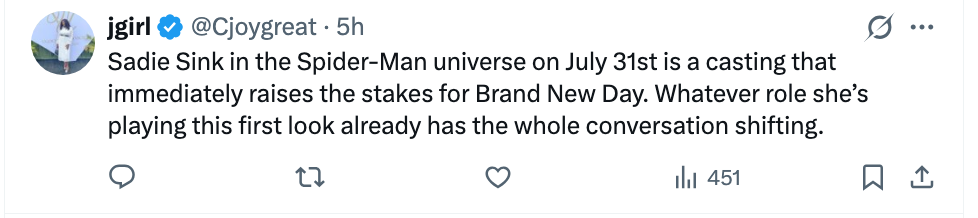 Tweet om Sadie Sink som ble med i Spider-Man-universet 31. juli, og antyder en betydelig rolle som påvirker "Brand New Day."