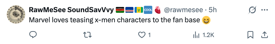 Tweet av RawMeSee om Marvel som erter X-Men-karakterer, med en lattermild emoji og høyt engasjement