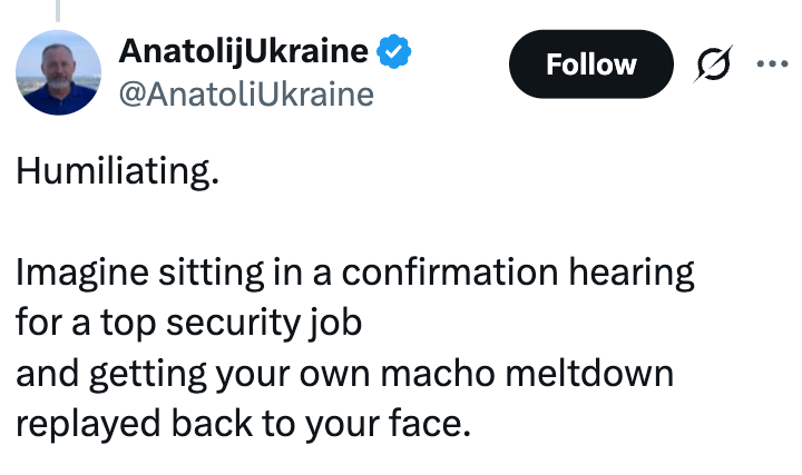 Tweet om at en persons reaksjon under en bekreftelseshøring for en sikkerhetsjobb var pinlig på grunn av at en tidligere nedsmelting ble spilt på nytt