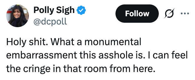 Herregud. For en monumental forlegenhet denne drittsekken er. Jeg kan kjenne krympingen i det rommet herfra