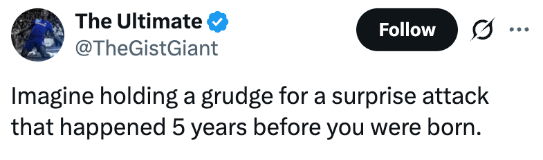 Tweet av The Ultimate: "Tenk deg å ha nag til et overraskelsesangrep som skjedde 5 år før du ble født."