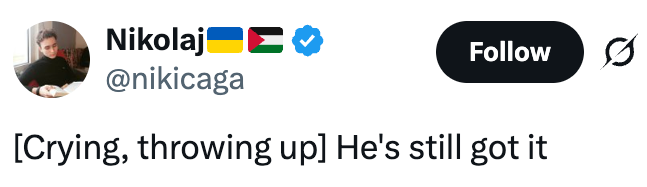 En tweet fra brukeren @nikicaga lyder: 