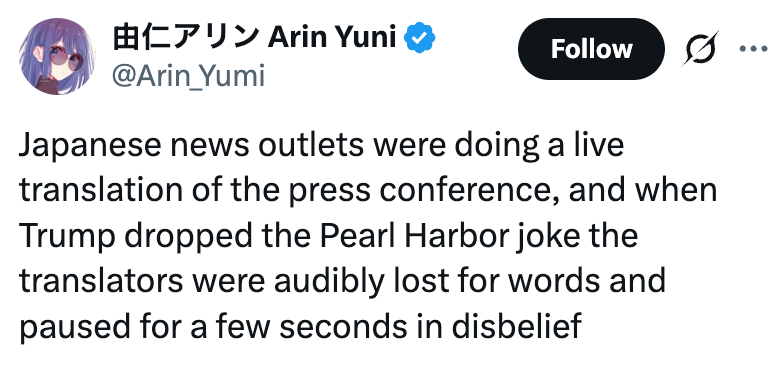 Tweet av Arin Yuni om japanske nyhetskanaler som ble lamslått av en Trump Pearl Harbor-vits under en pressekonferanse