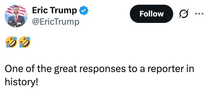 Tweet av Eric Trump med leende emojier sier: 