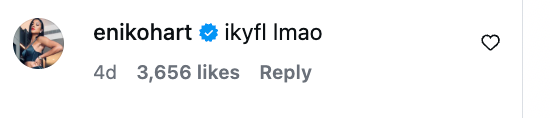 Kommentar fra sosiale medier fra verifisert bruker "enikohart" lyder: "ikyfl lmao." 3 656 liker, lagt ut for 4 dager siden