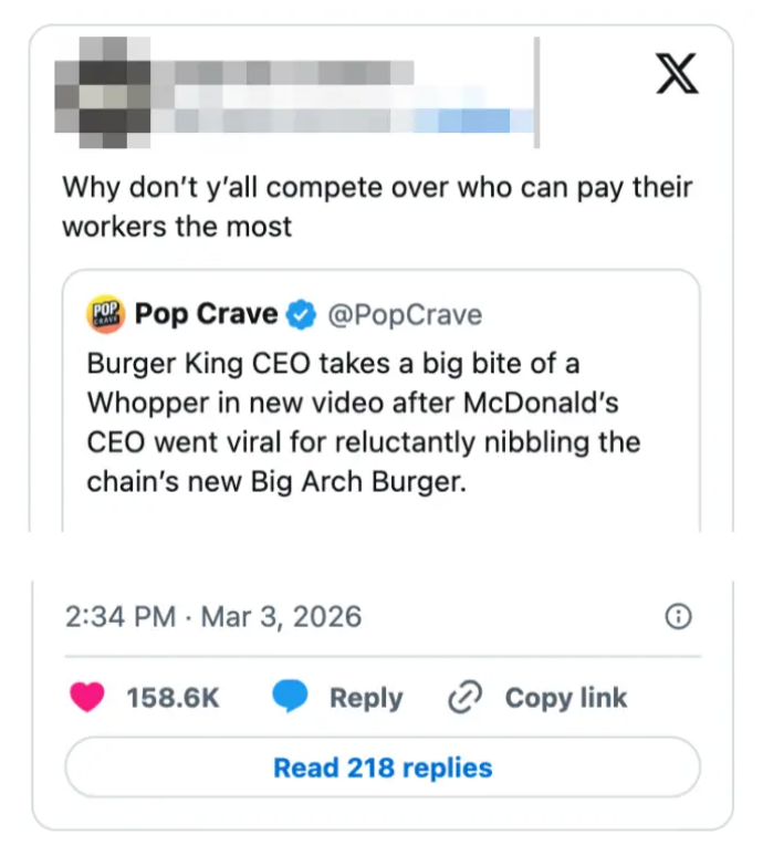 Tweet som foreslår at administrerende direktører for hurtigmat bør konkurrere ved å betale arbeiderne mer i stedet for å markedsføre stunts som involverer burgere