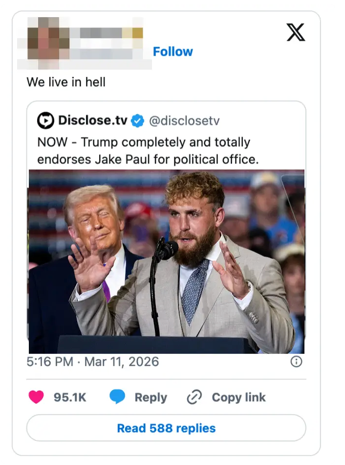 En tweet hevder at Trump støtter Jake Paul for politisk verv, med et manipulert bilde av Trump og Paul på et podium, noe som vekker reaksjoner på sosiale medier