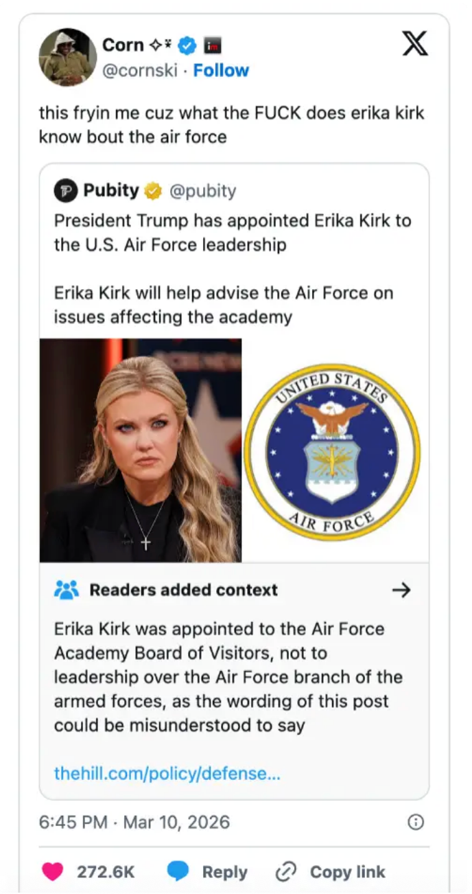En tweet som uttrykker overraskelse over Erika Kirks utnevnelse til US Air Force Academy Board of Visitors, som klargjør hennes rolle er rådgivende, ikke lederskap