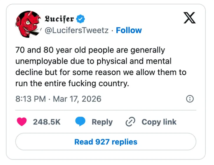 Tweet spør hvorfor eldre mennesker, ofte ansett som uarbeidsløse, får styre landet