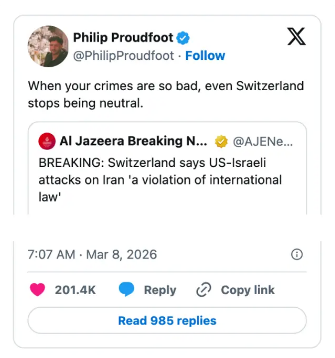 Tweet av Philip Proudfoot: Kommenterer nøytralitet, med et skjermbilde av Al Jazeera som rapporterer Sveits' holdning til amerikansk-israelske handlinger mot Iran