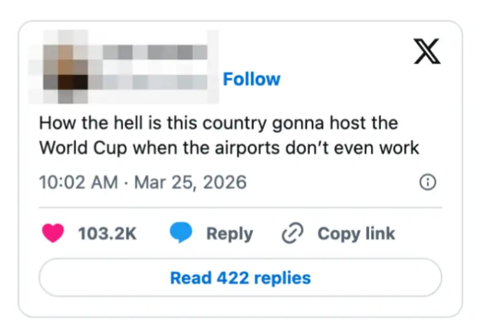 Kommentarspørsmål et lands evne til å arrangere verdensmesterskapet på grunn av dysfunksjonelle flyplasser, datert 25. mars 2026