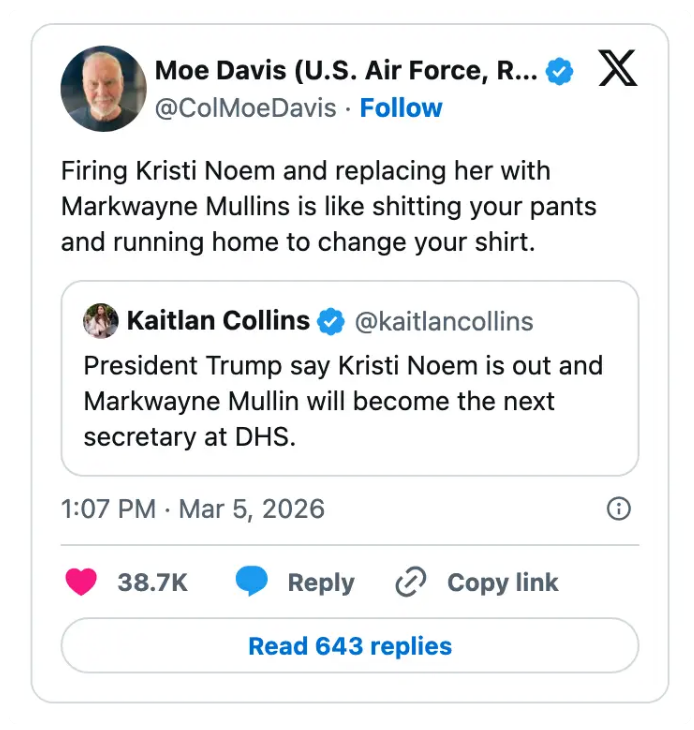 Tweet av @kaitlancollins: Kristi Noem ute; Markwayne Mullin inn som DHS-sekretær. Kommentar av @ColMoeDavis sammenligner denne endringen med triviell handling