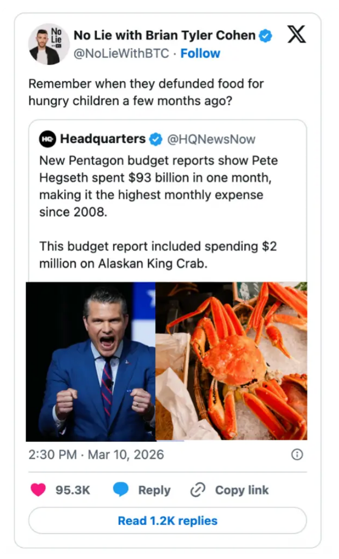 Tweet om en Pentagon-budsjettrapport som viser 93 milliarder dollar i utgifter, inkludert 2 millioner dollar på Alaskan King Crab, som stiller spørsmål ved tidligere budsjettkutt