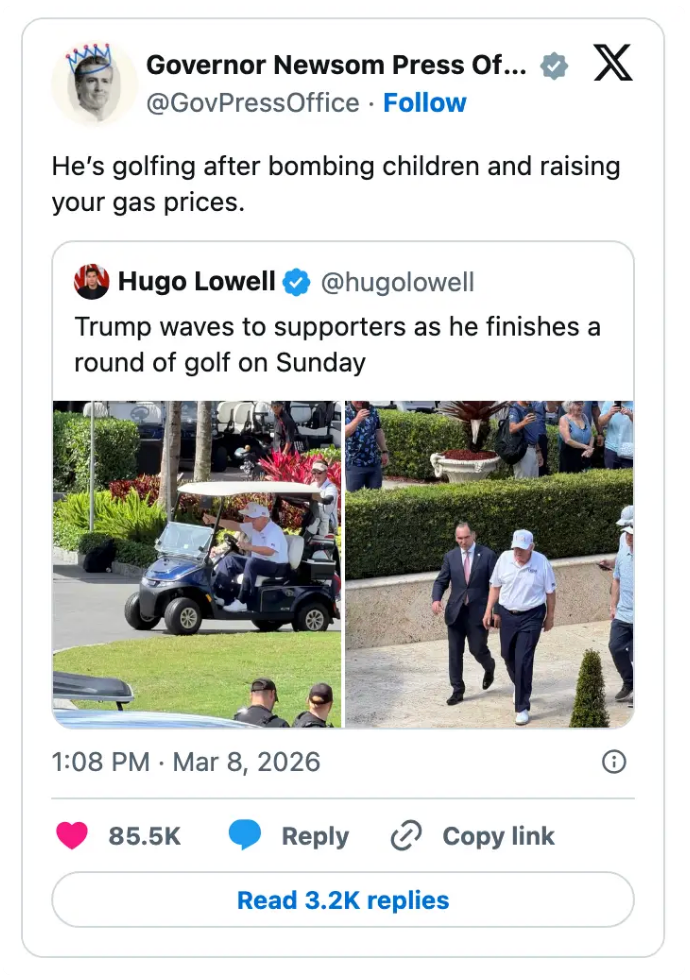 Skjermbilde av en tweet som hevder at en offentlig person spiller golf etter kontroversielle handlinger. Tweeten har en stor mengde interaksjoner og svar