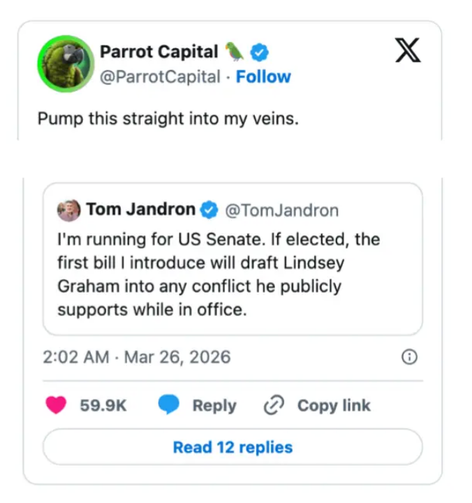 Tweet som foreslår støtte til en tweet som kunngjør et amerikansk senatsøknad med sikte på å utarbeide et lovforslag mot Lindsey Grahams offentlige konflikter