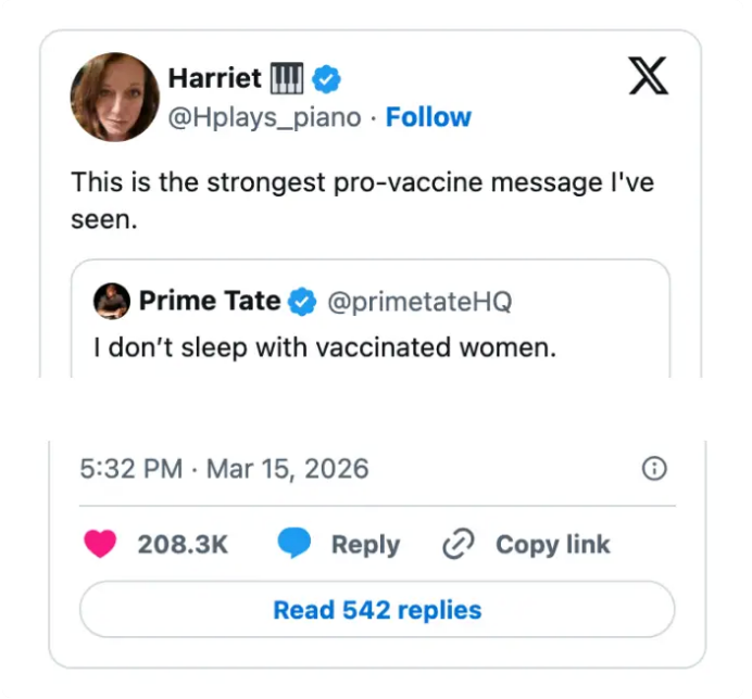Tweet-utveksling: Harriet synes en tweet er morsom der Prime Tate sier: 