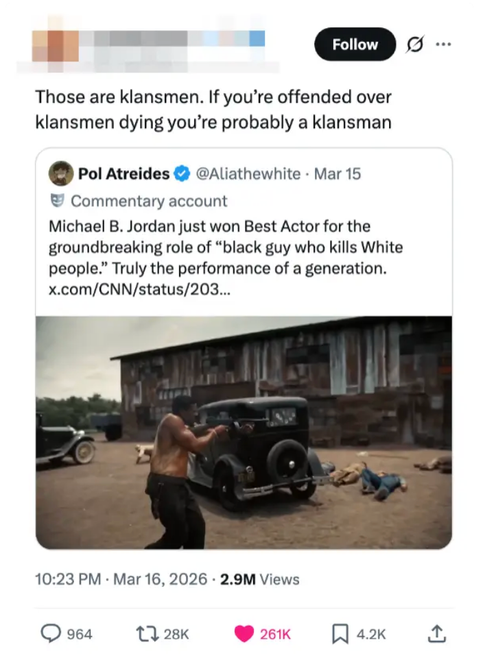 Tweet skjermbilde som diskuterer en kontroversiell uttalelse om Michael B. Jordan som vinner beste mannlige hovedrolle for å portrettere en Klansman