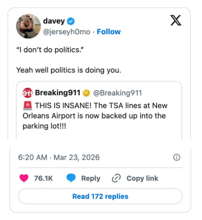 Sosiale medier-innlegg med bruker som kommenterer en tweet om lange TSA-linjer på New Orleans flyplass, og sier 