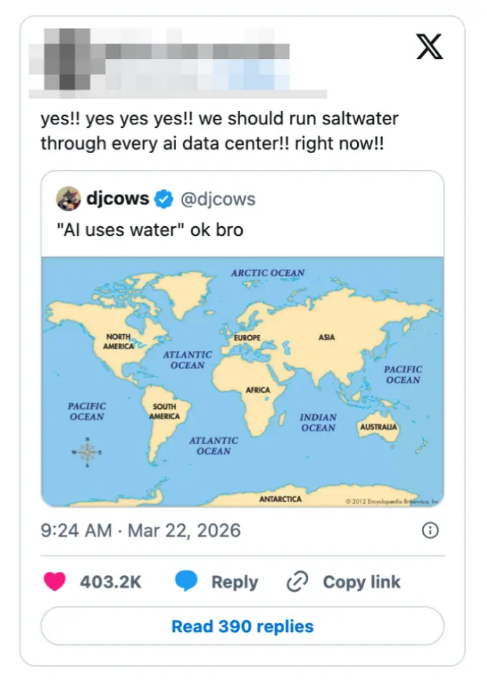 Tweet om å kjøre saltvann gjennom AI-datasentre, med et verdenskart
