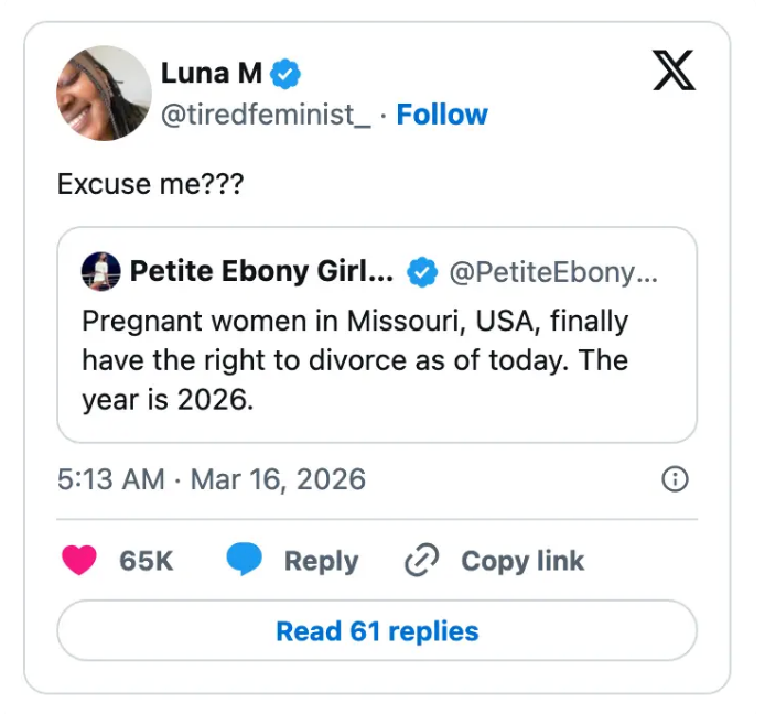 Sosiale medier-innlegg: Missouri kvinner får rett til skilsmisse i 2026. Brukeren reagerer med 
