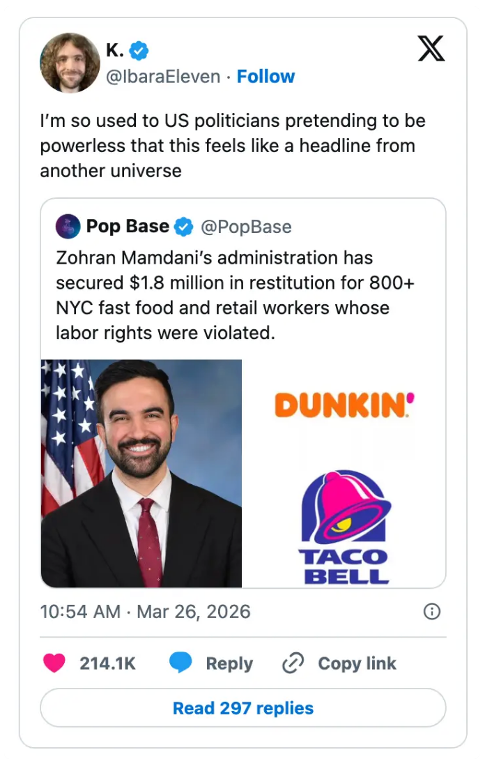 Tweet av bruker som reagerer på en annen tweet om at NYC sikret $1,8 millioner for 800+ fastfoodarbeidere' rettighetsbrudd som involverer merker som Dunkin' og Taco Bell
