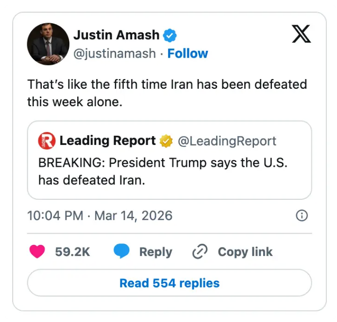 Tweet-parodi om gjentatte fiktive påstander om Irans nederlag, med et falskt sitat fra president Trump