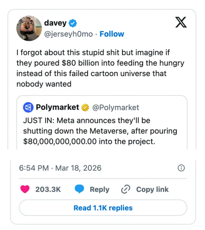 Tweet av bruker som uttrykker frustrasjon rundt 80 milliarder dollar brukt på Metaverse, og antyder at det kunne ha matet de sultne i stedet