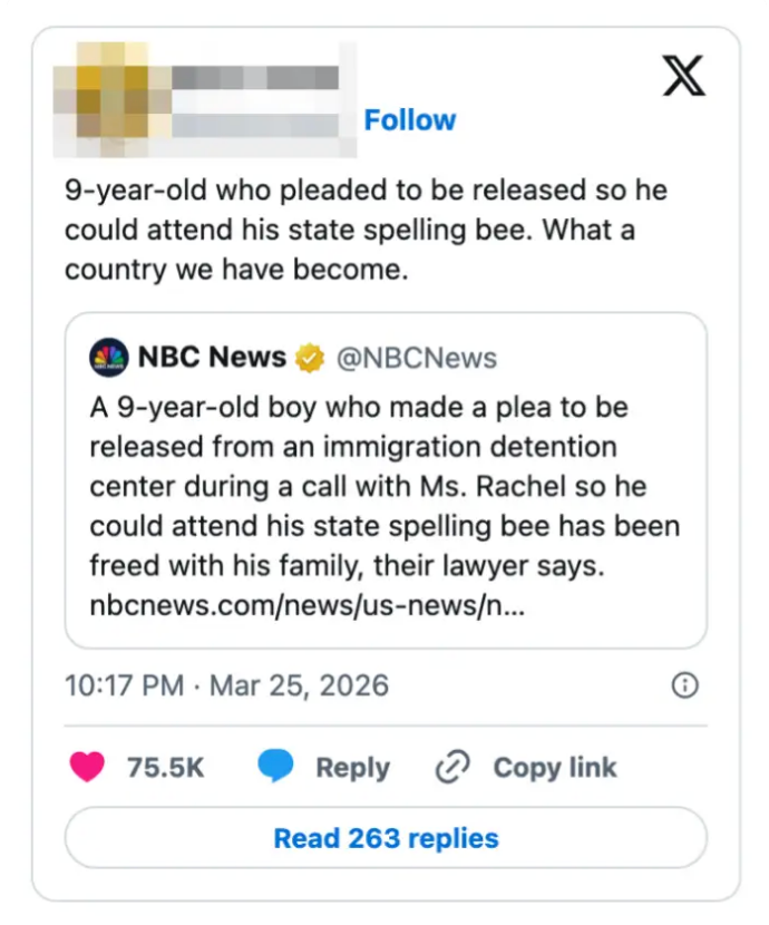 Et innlegg på sosiale medier beskriver en 9 år gammel gutts bønn om å bli løslatt fra et immigrasjonssenter for å delta på en stavebi, og fremhever en nyhetsartikkel