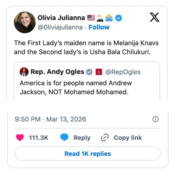 Tweet av Olivia Julianna som nevner førstedamens pikenavn og en annen tweet av rep. Andy Ogles om amerikanske navn