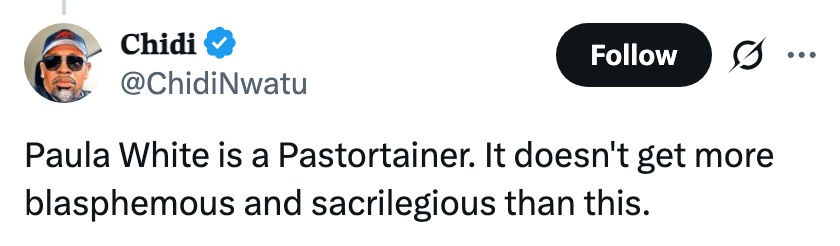 Tweet som kritiserer Paula White som en "Pastortainer," kaller det blasfemisk og helligbrøde