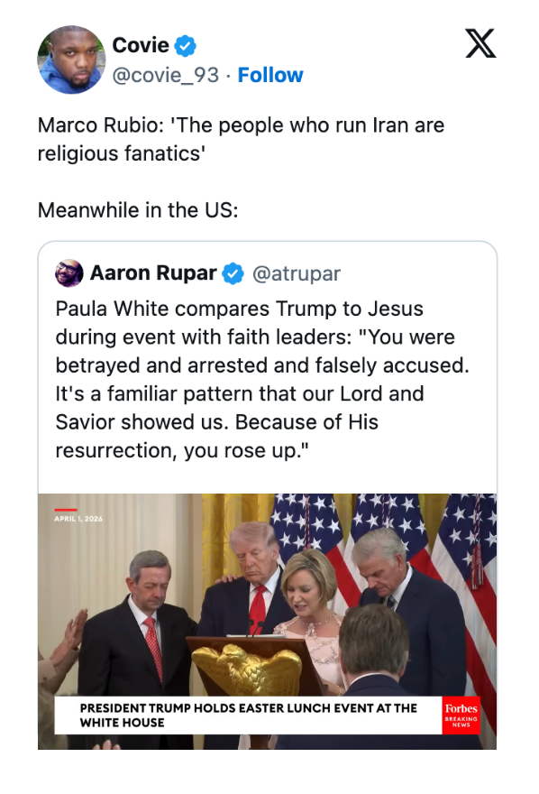 Skjermbilde av tweet-tråd: Marco Rubio kommenterer Irans lederskap. Paula White knytter Trump til Jesus, delt av Aaron Rupar