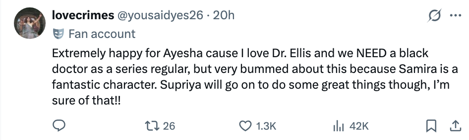 Fan uttrykker lykke for at Ayesha ble med på grunn av Dr. Ellis, men er trist over Samiras fravær; håper for Supriyas fremtidige prosjekter