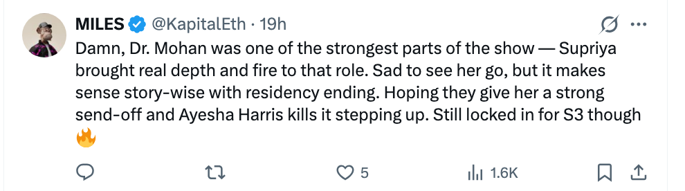 Sosiale medier-innlegg som berømmer en karakter, Dr. Mohan, for å være en sterk del av et show, og bemerker en positiv overgang til Ayesha Harris i sesong 3