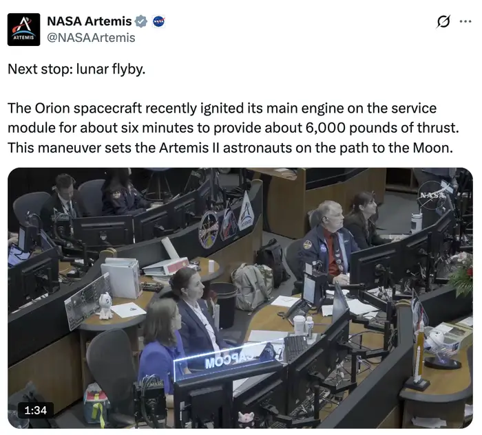 NASA Artemis tweeter om Orion-romfartøyets motortenning, og markerer et skritt mot månen for Artemis II-astronauter