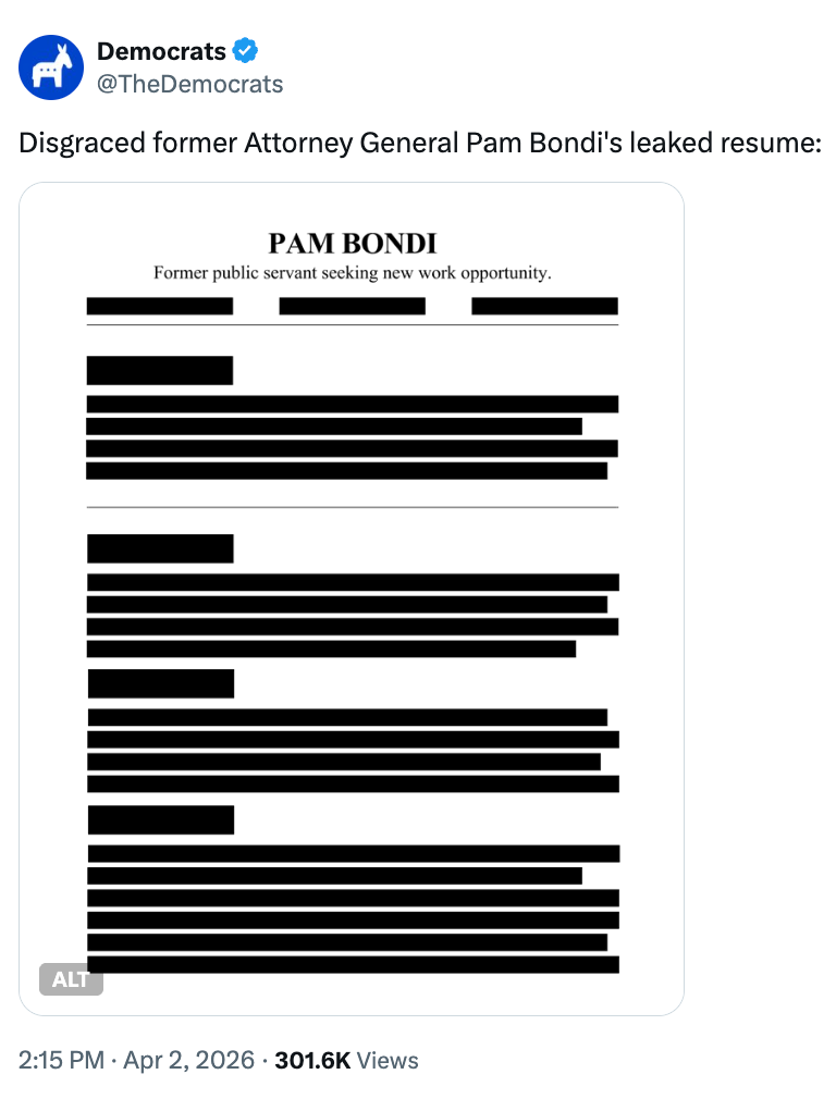 Redigert CV av en tidligere offentlig ansatt ved navn Pam Bondi, på jakt etter nye arbeidsmuligheter