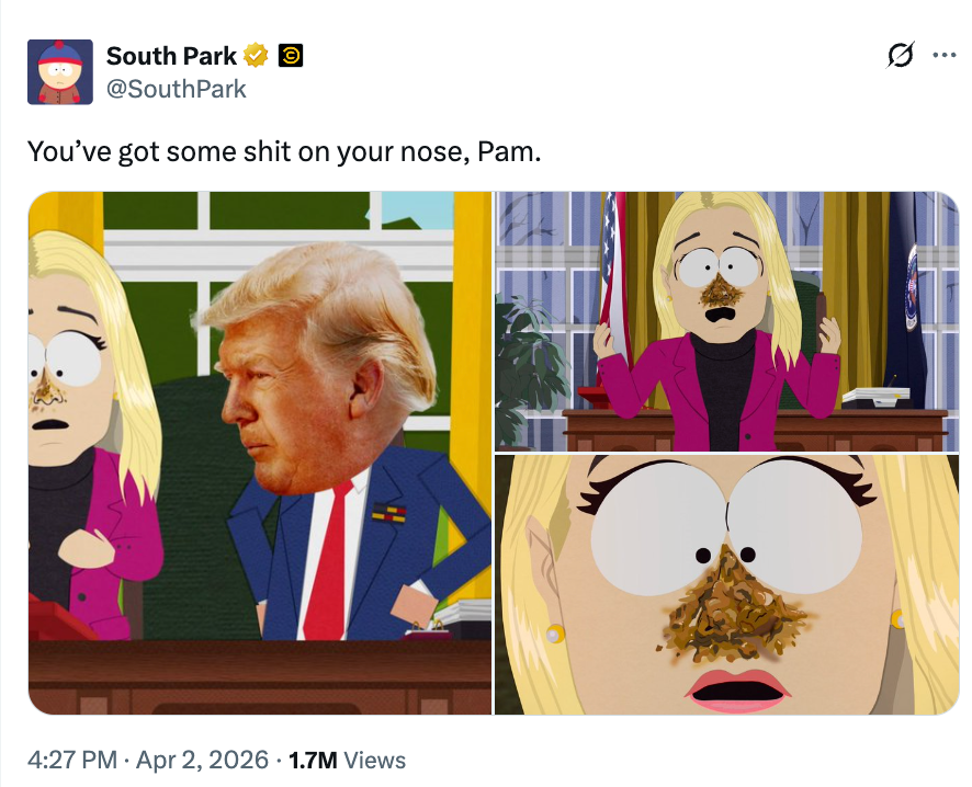 En parodi tegneserie med en karakter med et stort ansikt på nesen, akkompagnert av en annen karakter som reagerer med sjokk