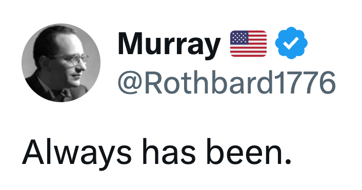 Profilbilde av en mann, brukernavn "Murray @Rothbard1776" med et verifisert merke og amerikansk flagg. Teksten lyder: "Har alltid vært."