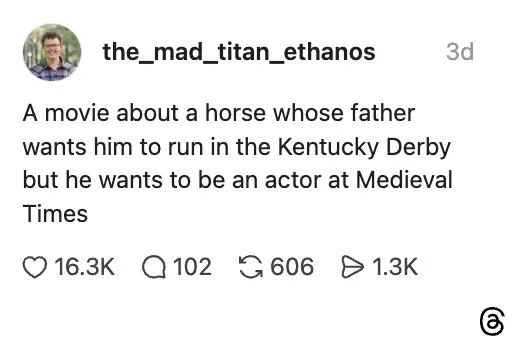 Innlegg i sosiale medier: Et humoristisk inntrykk av en hest med en far som vil ha ham i Kentucky Derby, men hesten ønsker å spille på Medieval Times