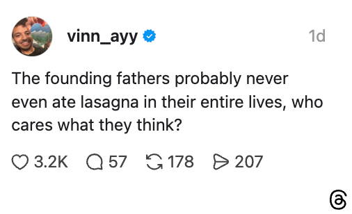 Innlegg i sosiale medier av vinn_ayy som fleiper om at grunnleggerne sannsynligvis aldri har spist lasagne og stiller spørsmål ved deres relevans