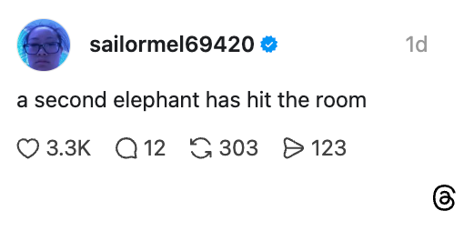 Sosiale medier-innlegg av bruker sailorme169420: "en andre elefant har truffet rommet" med engasjementsberegninger vist
