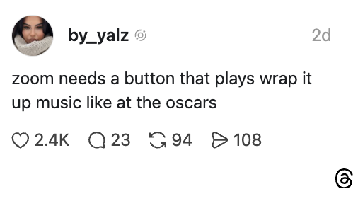 Sosiale medier-innlegg som fleiper med at Zoom trenger en "avslutning" musikkknapp som ved Oscar-utdelingen, med engasjementsstatistikk nedenfor