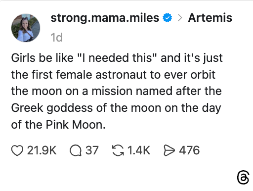 Instagram-innlegg om den første kvinnelige astronauten som går i bane rundt månen på et oppdrag ved navn Artemis, delt med humoristiske kommentarer