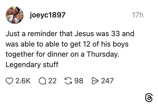 Sosiale medier-innlegg på humoristisk vis der Jesus organiserte en middag med 12 venner i en alder av 33, og kalte det 