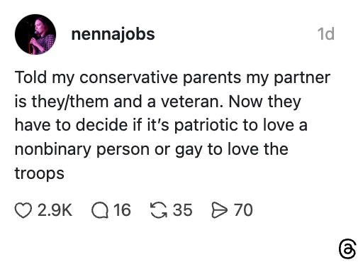 Skjermbilde av et innlegg på sosiale medier om konservative foreldre som bestemmer om det er patriotisk å elske en ikke-binær partner eller homofil å elske troppene