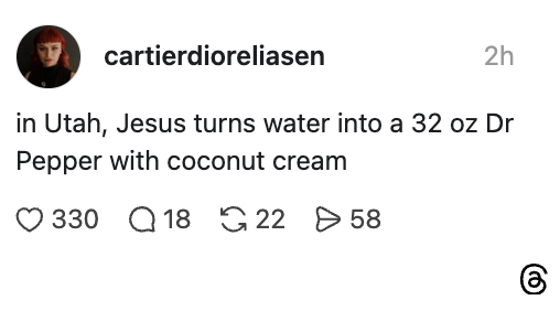 Sosiale medier legger ut vitser om at Jesus forvandler vann til en 32 oz Dr Pepper med kokoskrem i Utah