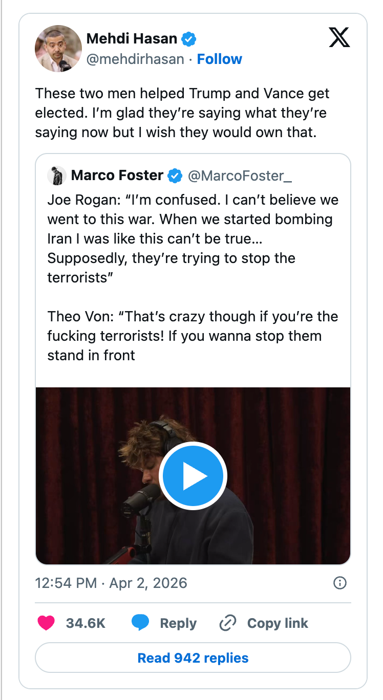 Twitter-innlegg av Mehdi Hasan som deler en video med Joe Rogan som diskuterer kriger og terrorisme. Inkluderer tweet-reaksjoner nedenfor
