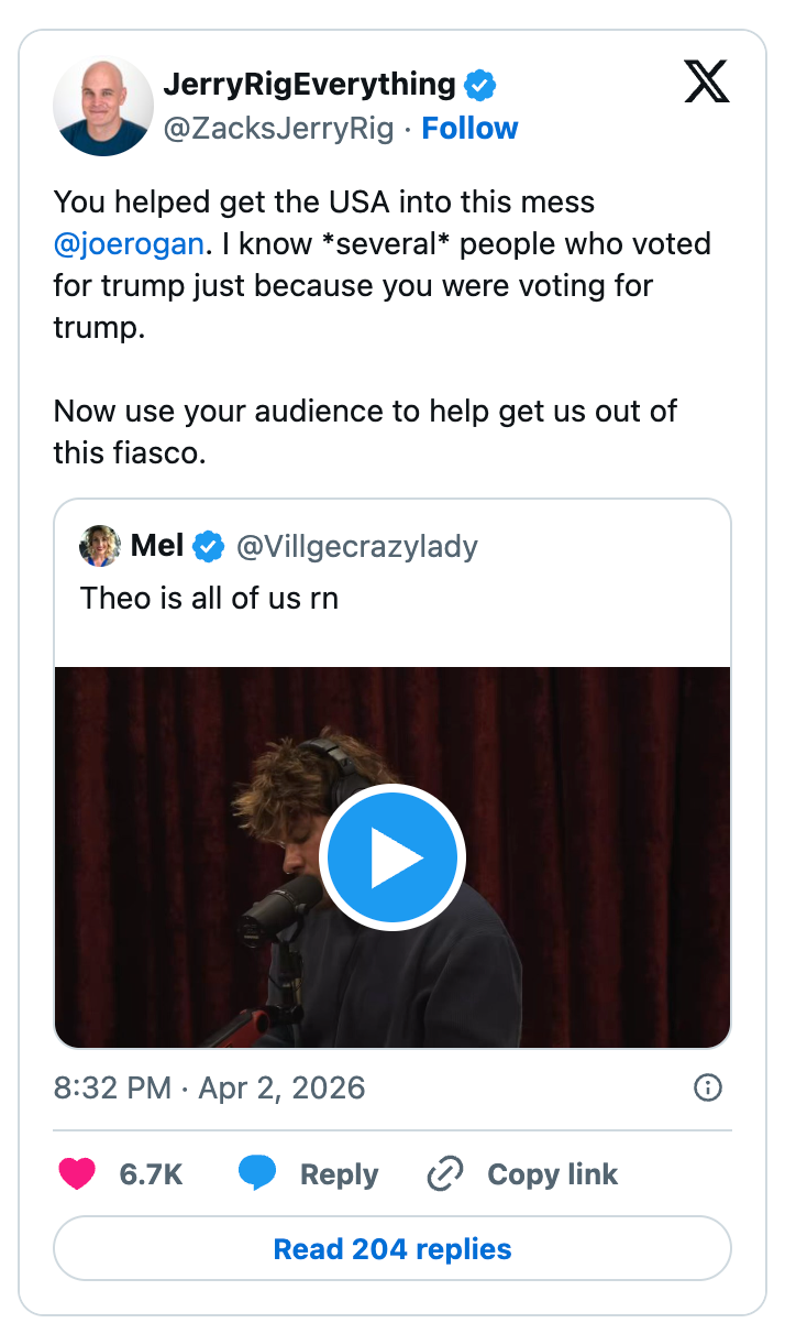 Sosiale medier-innlegg av @ZacksJerryRig om Joe Rogan og Trump, og oppfordrer publikum om hjelp. Inkluderer en videolink tweetet av @Villgecrazylady