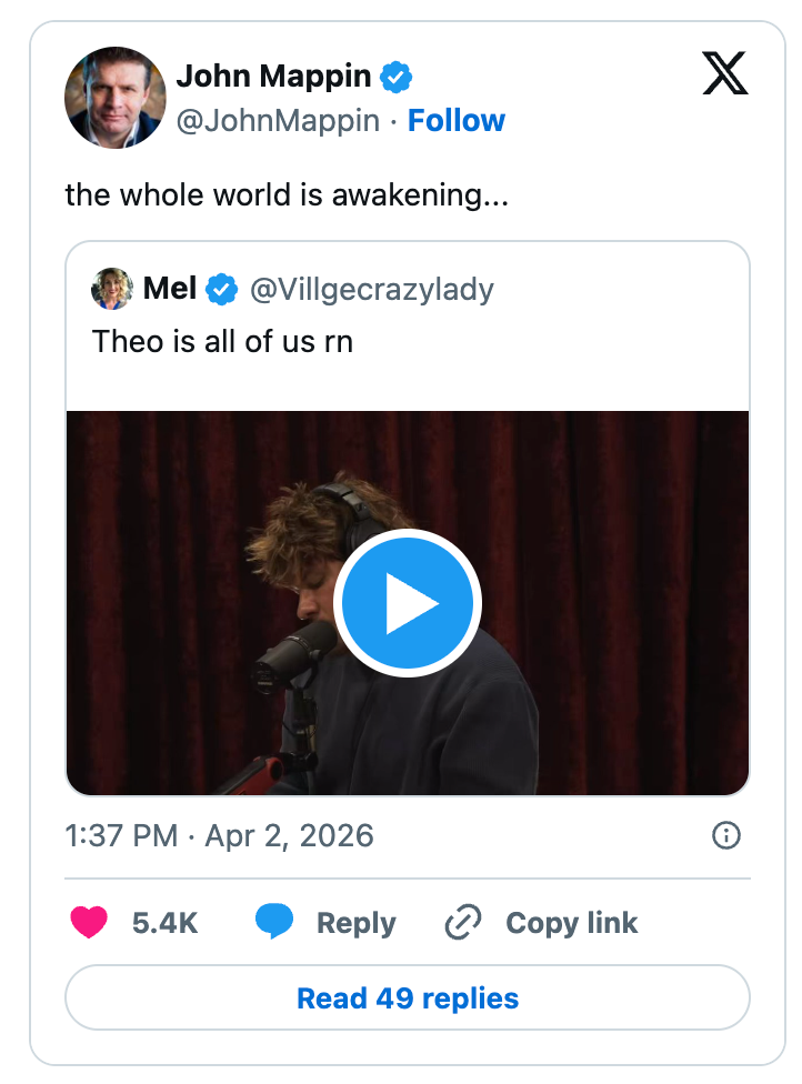 Innlegg på sosiale medier med forhåndsvisning av video. Tweet lyder: "hele verden våkner..." av bruker John Mappin